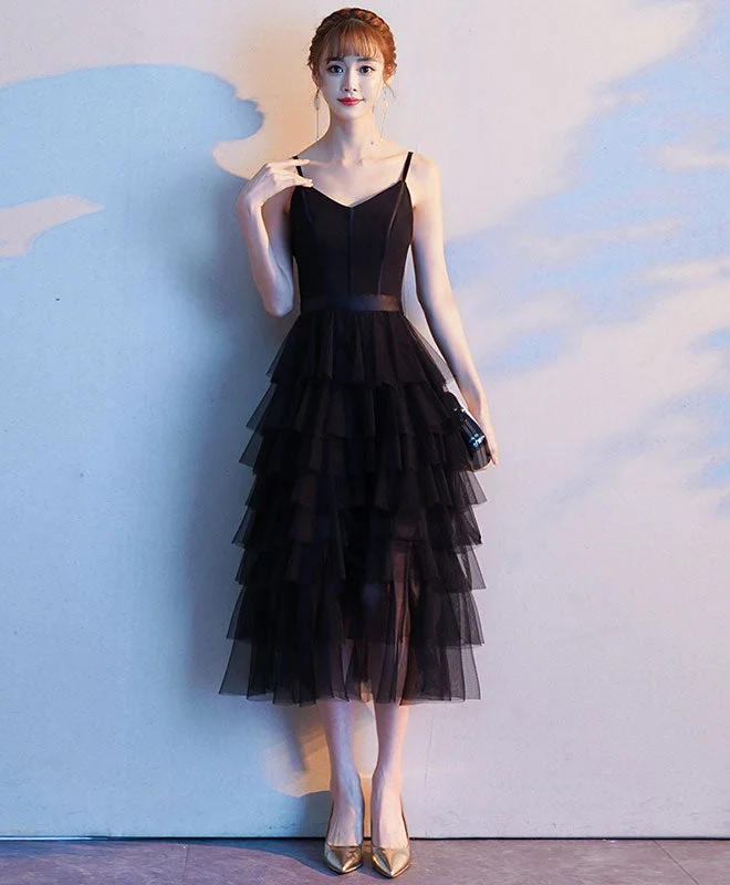 women's bell-sleeved dressesBlack sweetheart tulle short prom dress, black tulle evening dress