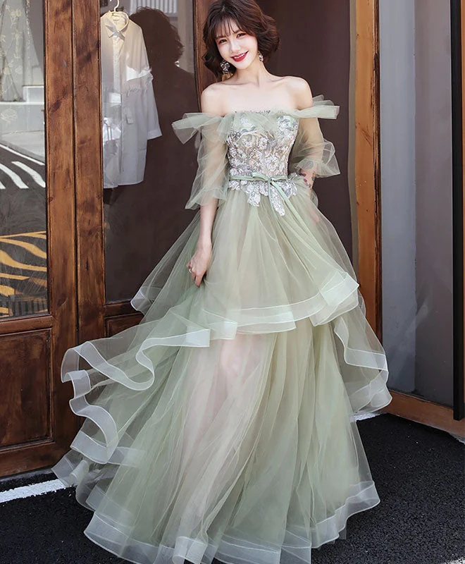 women's custom dressesGreen Tulle Lace Long Prom Dress, Green Tulle Evening Dress