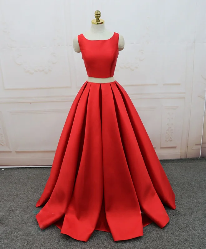 Floor-Length DressRed Satin Two Pieces Long Prom Dress Red Long Evening Dress