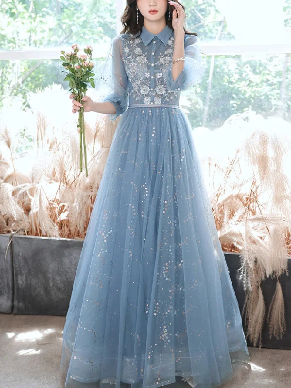 women's sleeveless dressesBlue Tulle Lace Sequin Long Prom Dress, A-line Blue Evening Dress