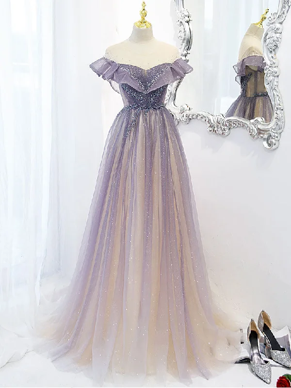 women's apple-shaped body dressesPurple Off Shoulder Tulle Sequin Long Prom Dress, Purple Evening Dress