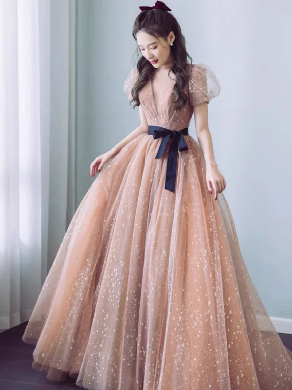 women's everyday dressesSimple Champagne V Neck Tulle Long Prom Dress, Champagne Evening Dresses