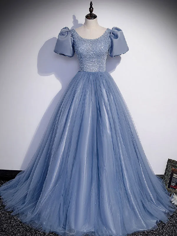 Sequined DressBlue Round Neck Tulle Sequin Beads Long Prom Dress, Blue Evening Dress