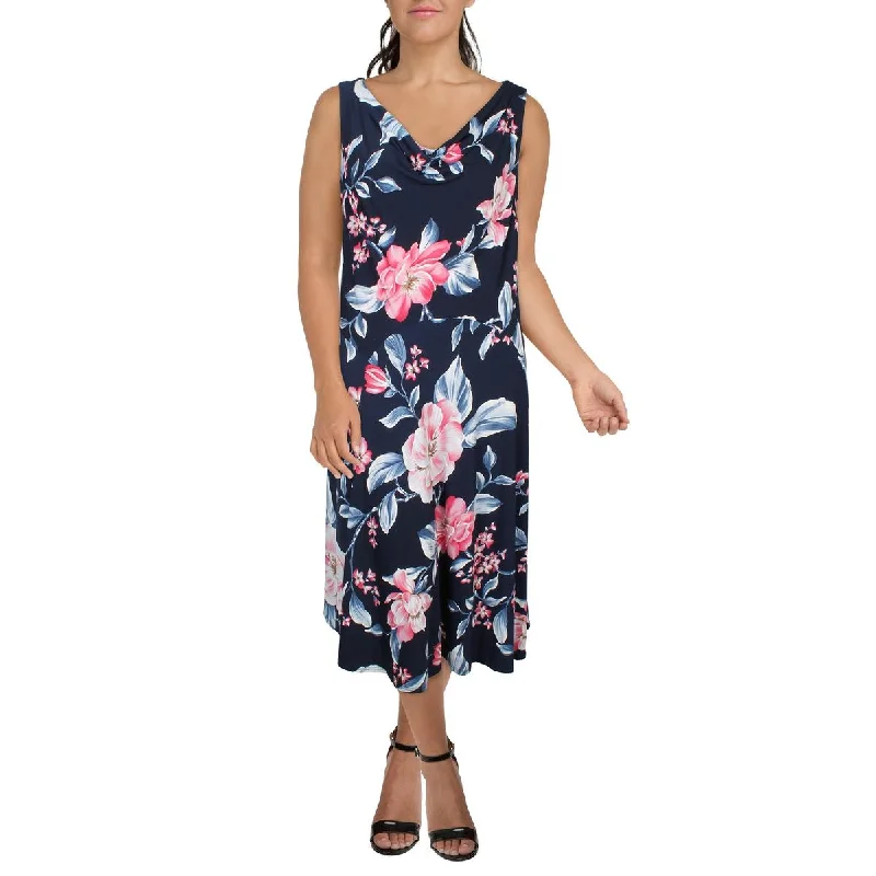 women's stretchy dressesSignature By Robbie Bee Womens Plus Floral Print Drape Neck Midi Dress