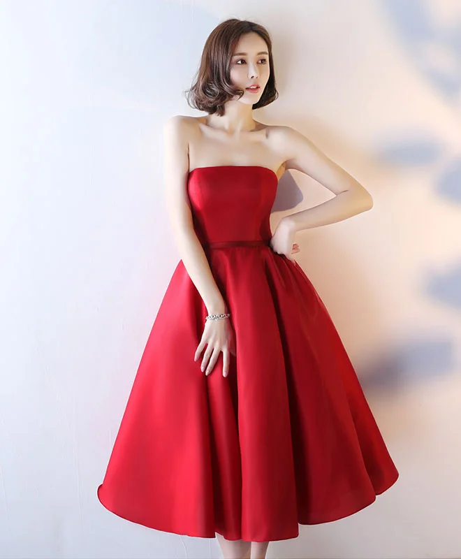 High-Neck DressSimple Red Strapless Tea Length Prom Dress, Red Evening Dress