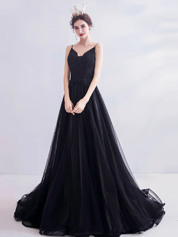 women's formal dressesBlack V Neck Tulle Lace Long Prom Dress, Black Evening Dress