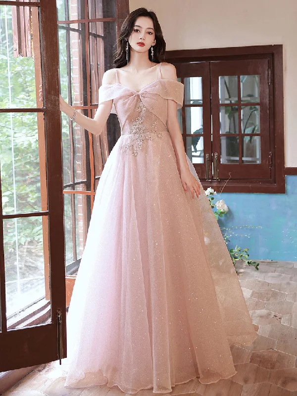 women's chiffon dressesPink Tulle Off Shoulder Lace Long Prom Dress, Pink Tulle Evening Dress