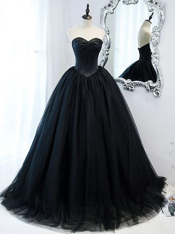 A-Line DressSimple Black Sweetheart Neck Tulle Long Prom Dress, Black Evening Dresses