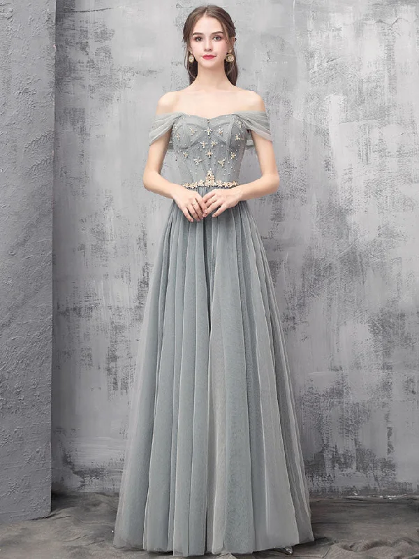 women's unique dressesGray A-line Off Shoulder Tulle Beads Long Prom Dress, Gray Evening Dress