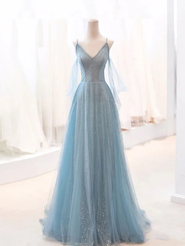 women's sleeveless dressesGray Blue V Neck Tulle Sequin Long Prom Dress, Blue Evening Dress