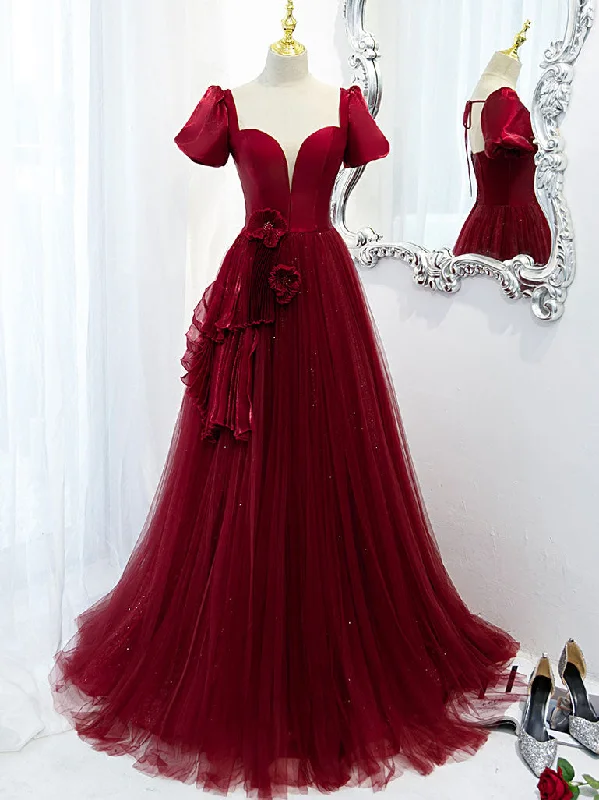 Flowy DressBurgundy Tulle Long Prom Dress, Burgundy Tulle Evening Dress