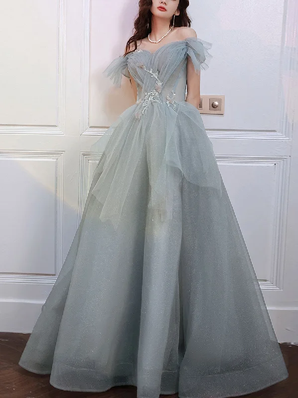 Chiffon DressGray Blue Sweetheart Neck Tulle Long Prom Dress Gray Evening Dress