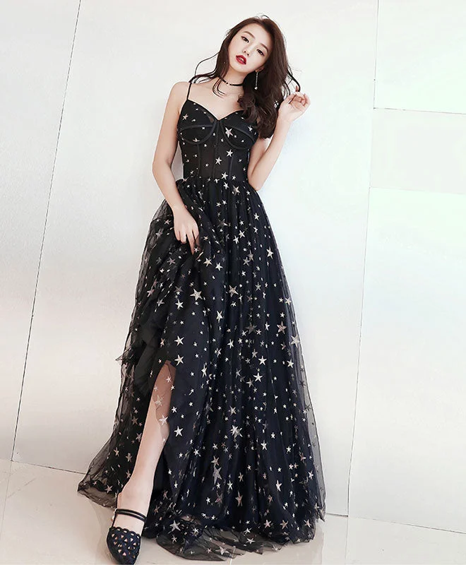 women's fair-trade dressesBlack V Neck Tulle Long Prom Dress, Black Evening Dress