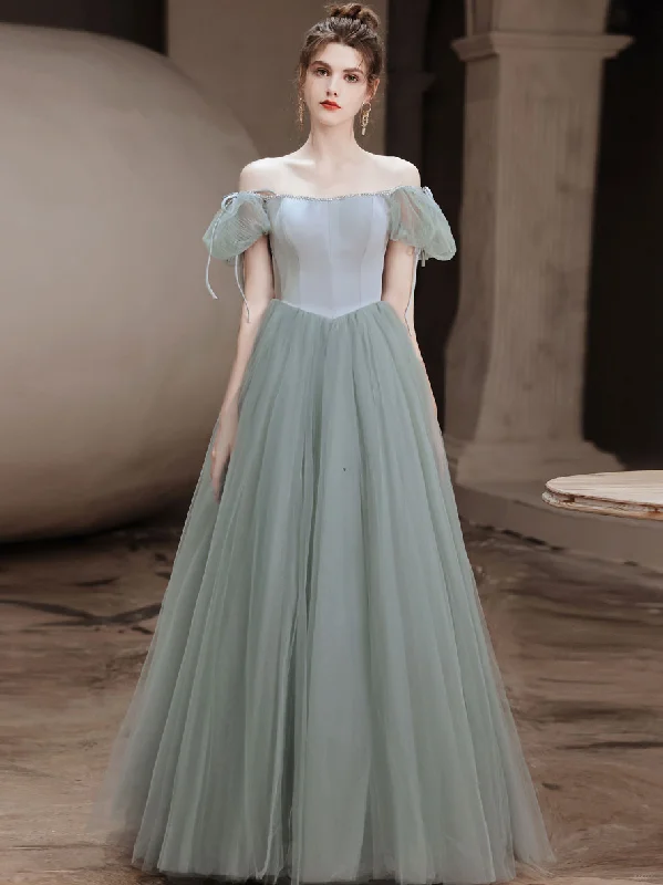 Tall Women DressSimple Gray Green Tulle Long Prom Dress, Gray Green Evening Dress