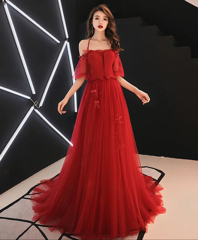 Cold-Shoulder DressUnique Red Tulle Lace Long Prom Dress Tulle Red Evening Dress