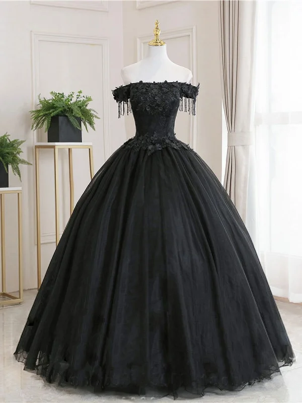 Asymmetric DressBlack Tulle Off Shoulder Lace Long Prom Dress, Black Evening Dress