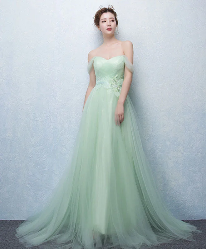 Plus-Size DressCute Green Tulle Lace Long Prom Dress, Green Evening Dress