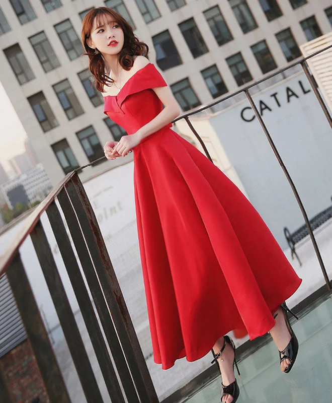 Ribbon DressSimple Red Off Shoulder Tea Length Prom Dress, Red Evening Dress