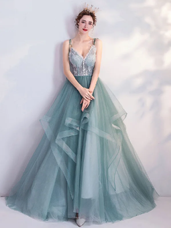 women's casual dressesGreen V Neck Tulle Lace Long Prom Dress Green Evening Dress