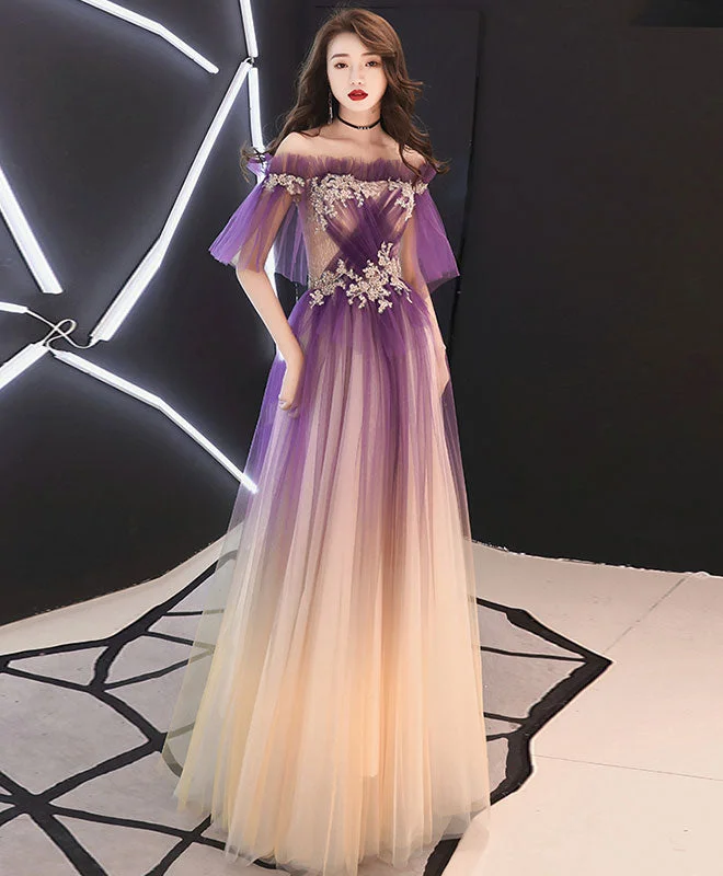 women's stretchy dressesElegant Tulle Lace Long Prom Dress Purple Tulle Evening Dress