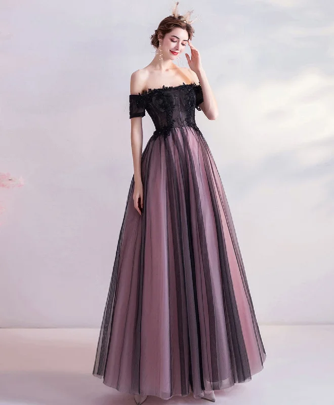 Tea-Length DressPurple Tulle Lace Off Shoulder Long Prom Dress, Purple Evening Dress