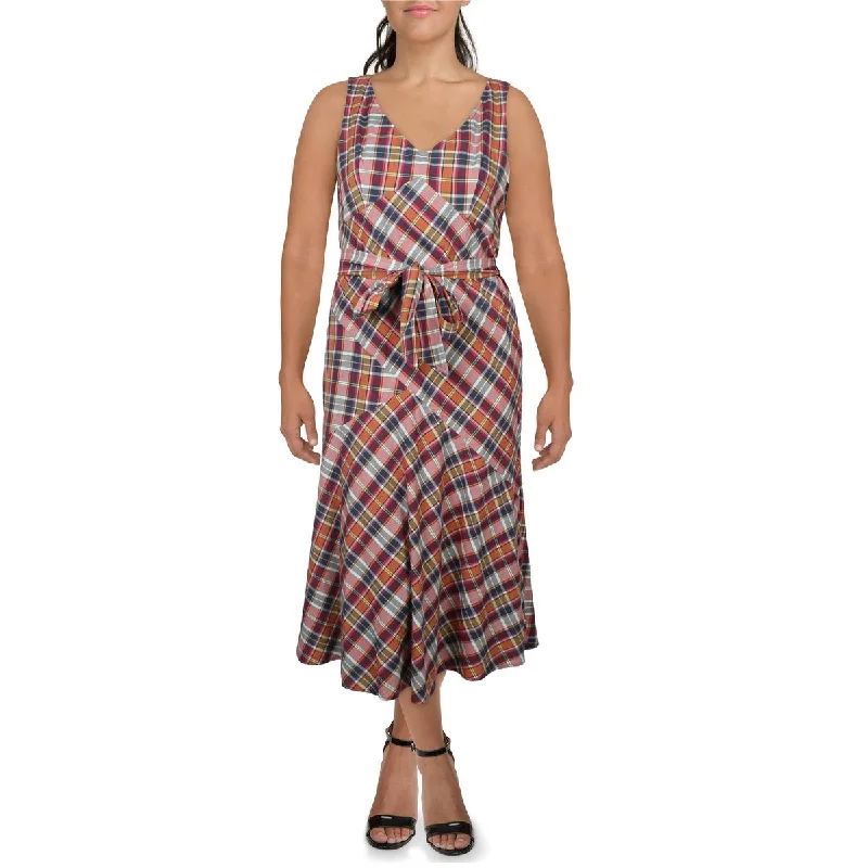 women's bodycon dressesLauren Ralph Lauren Womens Madras Plaid Cotton Midi Dress