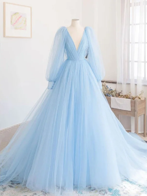 Retro DressBlue V Neck Tulle Long Prom Dress Blue Tulle Evening Dress