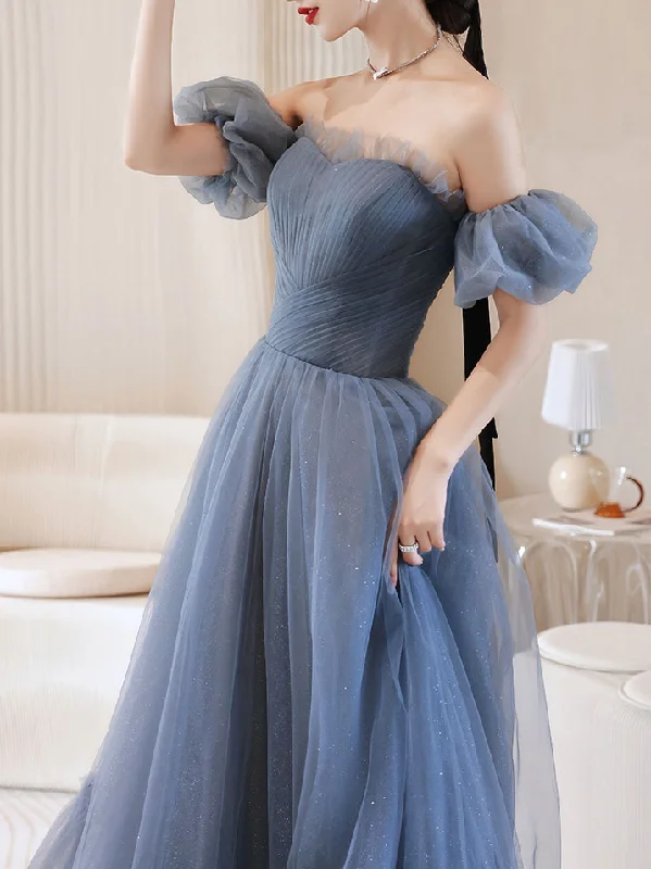 women's stretchy dressesGray Blue Tulle Long Prom Dress, Gray Blue Evening Dress