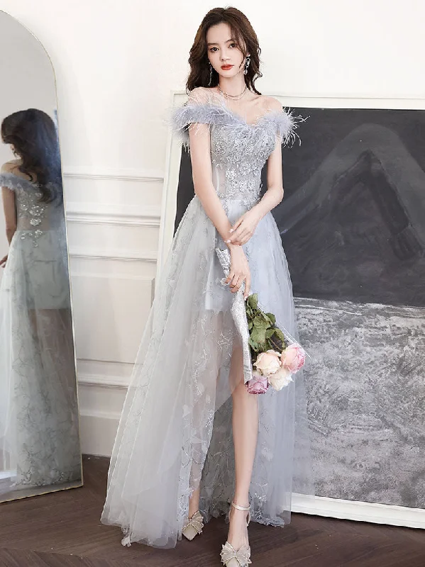 women's midi dressesGray Sweetheart Neck Tulle Long Prom Dress, Gray Evening Dress