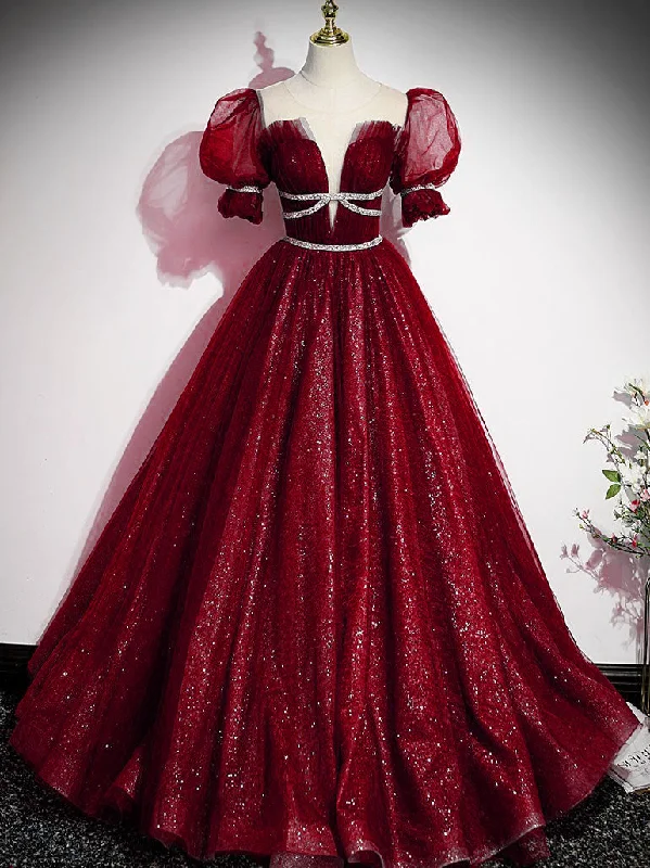 women's luxury dressesBurgundy Tulle Sequin Long Prom Dress, Burgundy Formal Evening Dresses