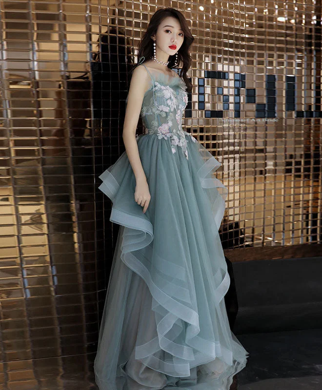 Ribbon DressGreen Tulle Lace Long Prom Dress, Green Tulle Lace Evening Dress