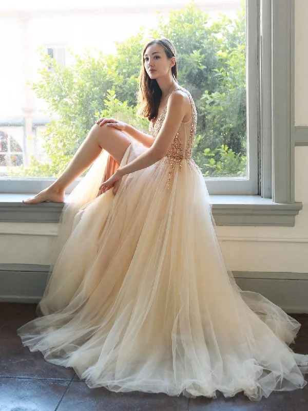 Chic DressChampagne V Neck Tulle Beads Long Prom Dress, Tulle Evening Dress