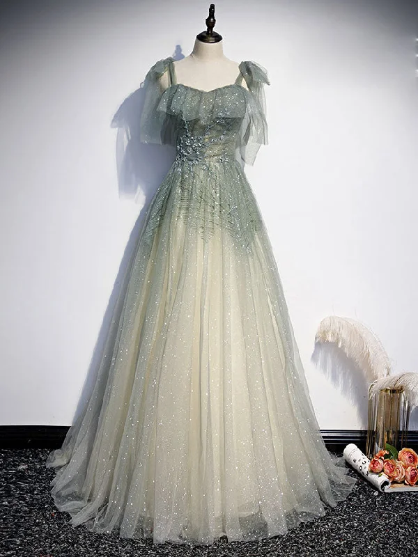 Chiffon DressGray Green Tulle Sequin Beads Long Prom Dress, Green Evening Dress