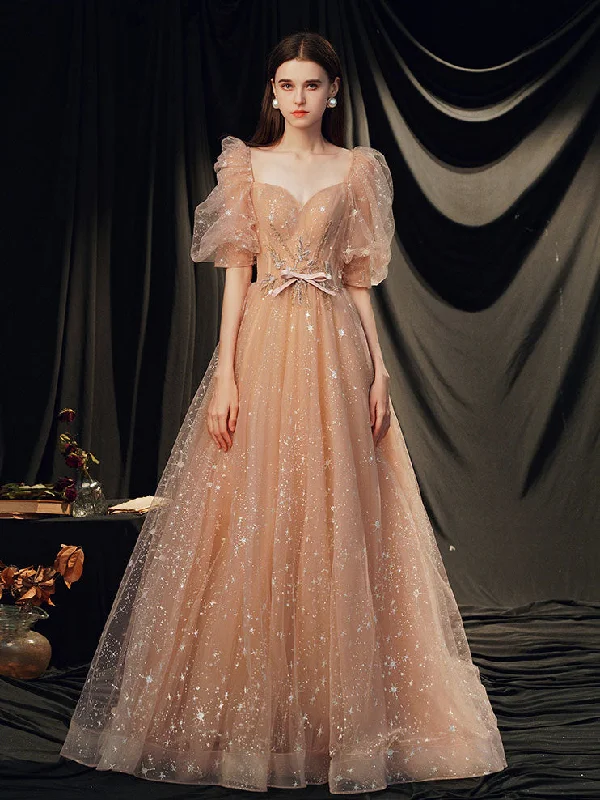 Long-Sleeve DressChampagne A-line Tulle Long Prom Dress Champagne Evening Dress