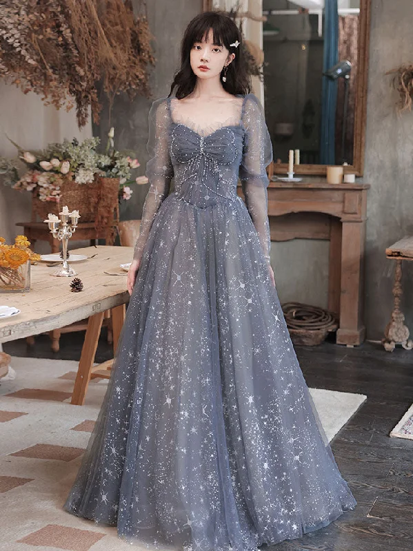 women's midi dressesGray Blue Tulle Lace Long Prom Dress, Gray Tulle Lace Evening Dress