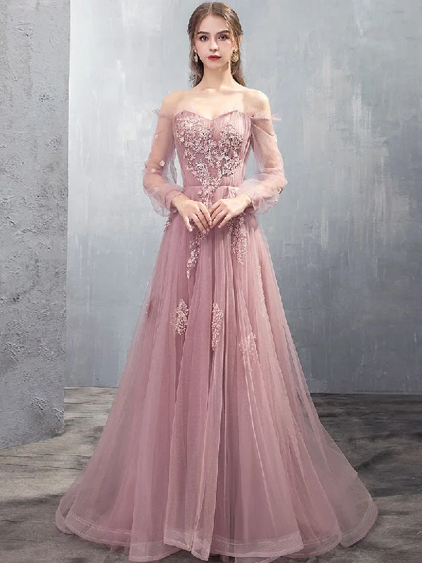 Shift DressPink A-line Tulle Lace Long Prom Dress Pink Lace Evening Dress