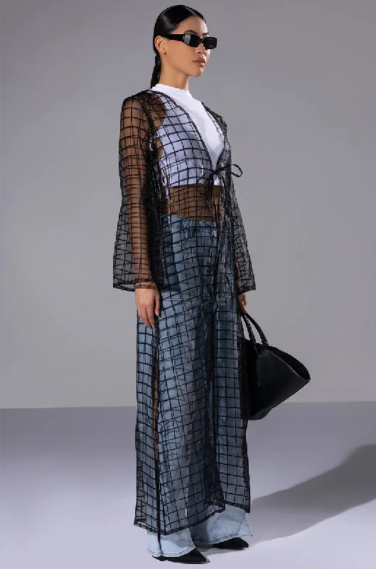 luxury women's coatsMISS MYSTERIOUS MESH GRID KIMONO DUSTER