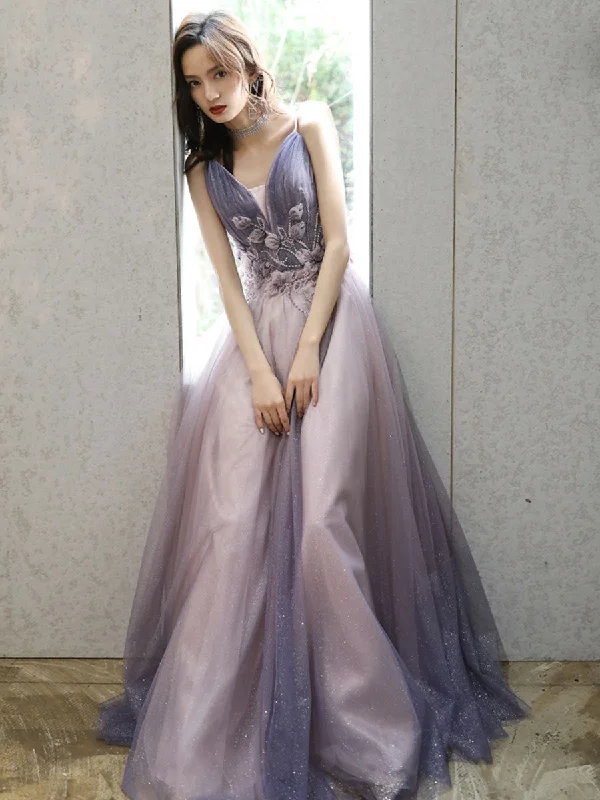 women's petite dressesPurple V Neck Tulle Long Prom Dress, Purple Evening Dress