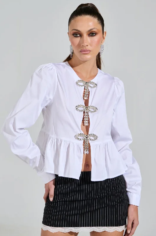 women's tops for those who appreciate subtle and muted tonesDIAMOND BOW BUTTON UP