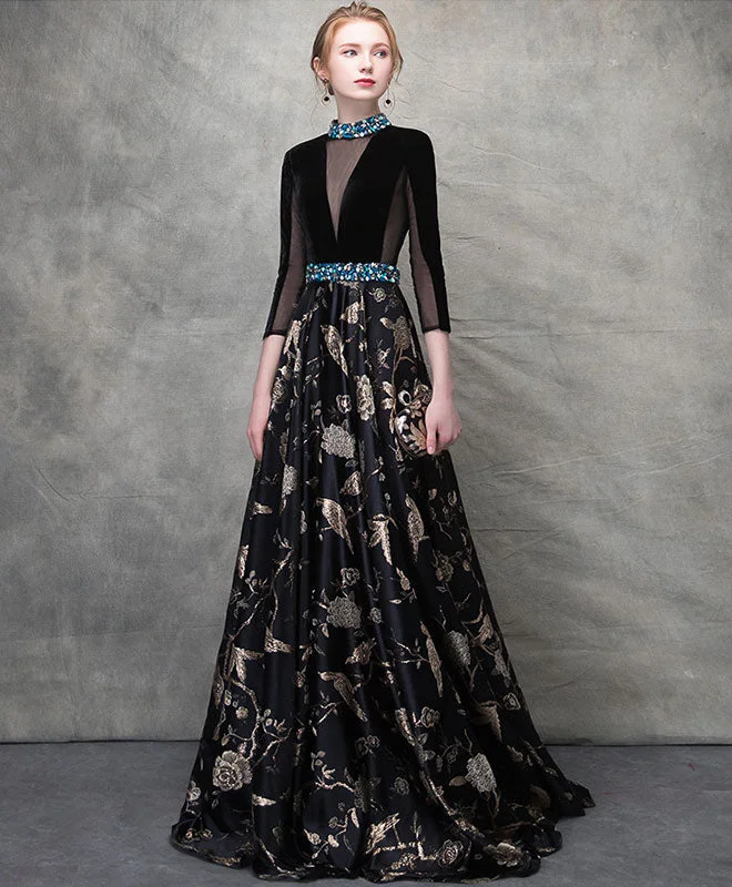 Peter Pan Collar DressUnique Black Satin Long Prom Dress, Black Evening Dress