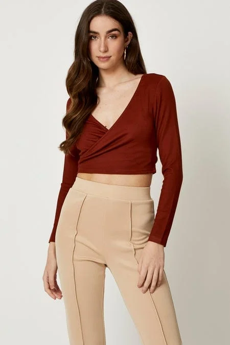 women's tops for summer festivalsBrown Wrap Top Long Sleeve