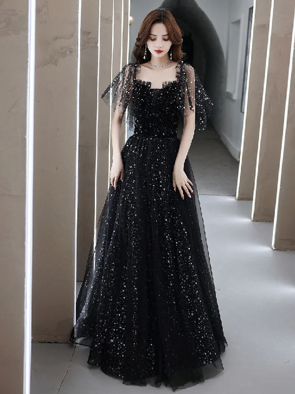 women's empire-line dressesBlack Tulle Off Shoulder Tulle Long Prom Dress Black Evening Dress