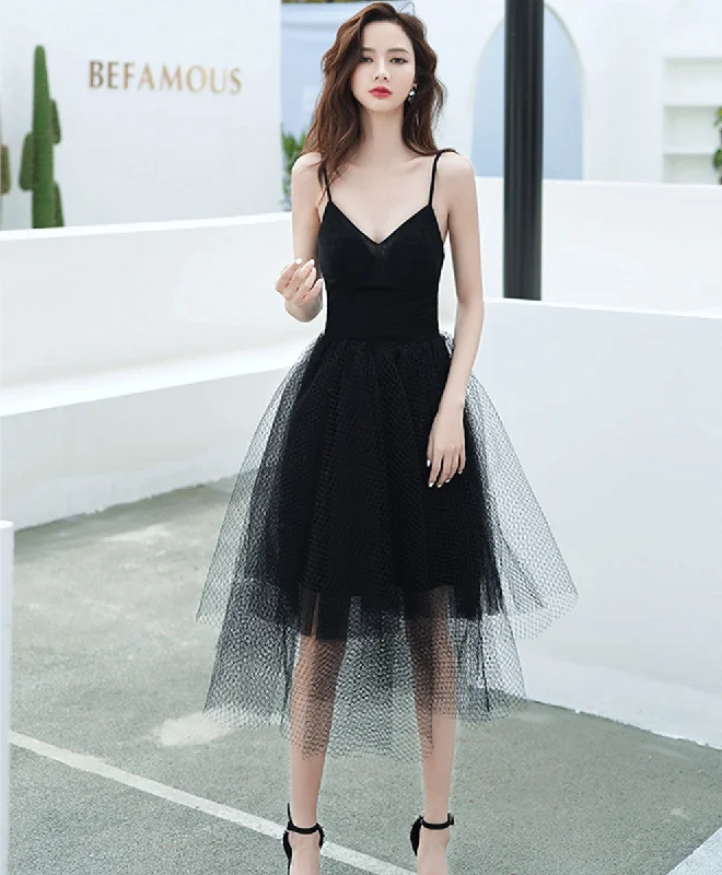 women's affordable dressesBlack V Neck Tulle Short Prom Dress Black Short Evening Dress