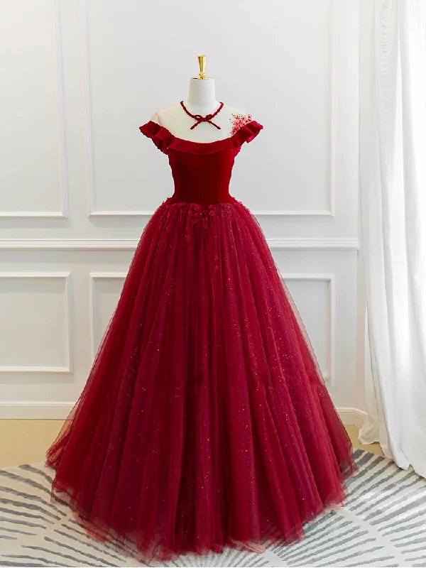 women's flowy dressesBurgundy Round Neck Tulle Lace Long Prom Dress, Burgundy Evening Dress