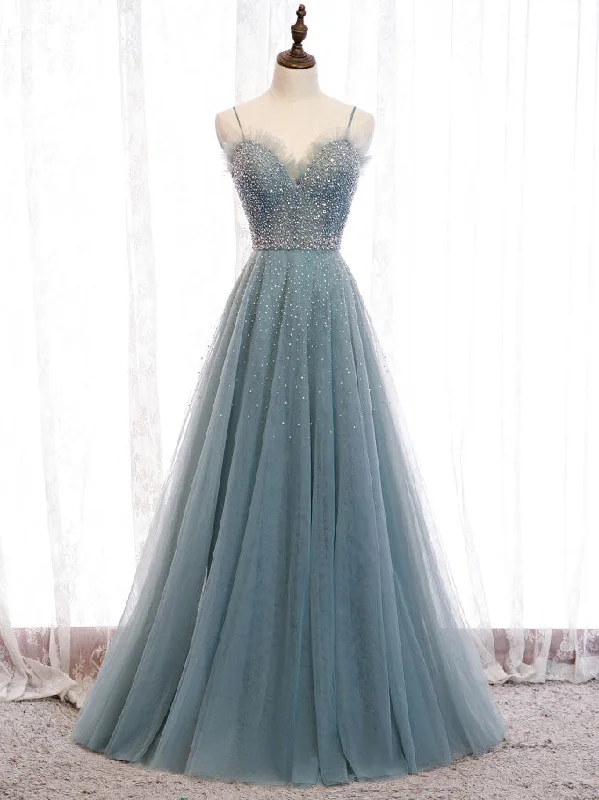 women's A-line dressesGreen Sweetheart Neck Tulle Sequin Long Prom Dress Green Evening Dress