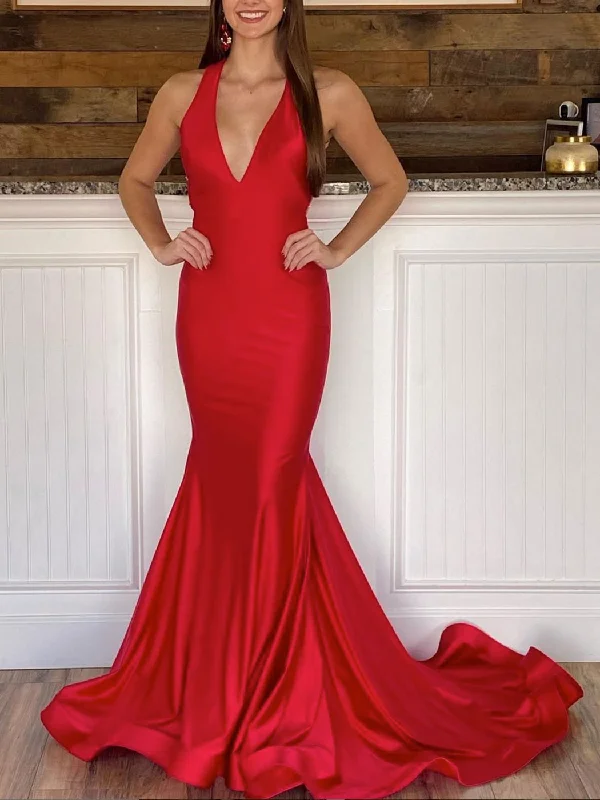 women's wrinkle-resistant dressesSimple Red V Neck Satin Long Prom Dress. Red Backless Evening Dress