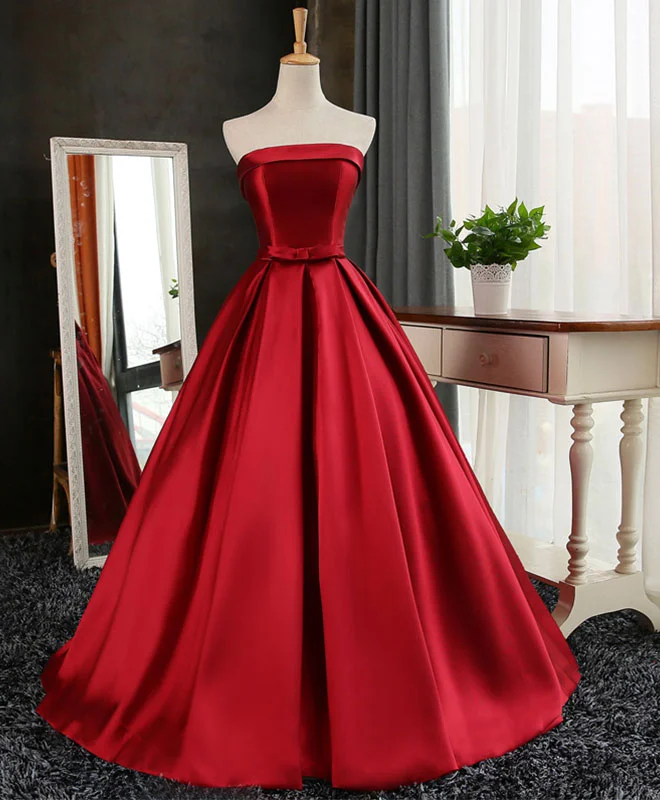 Skater DressAline Burgundy Satin Long Prom Gown,  Evening Dress