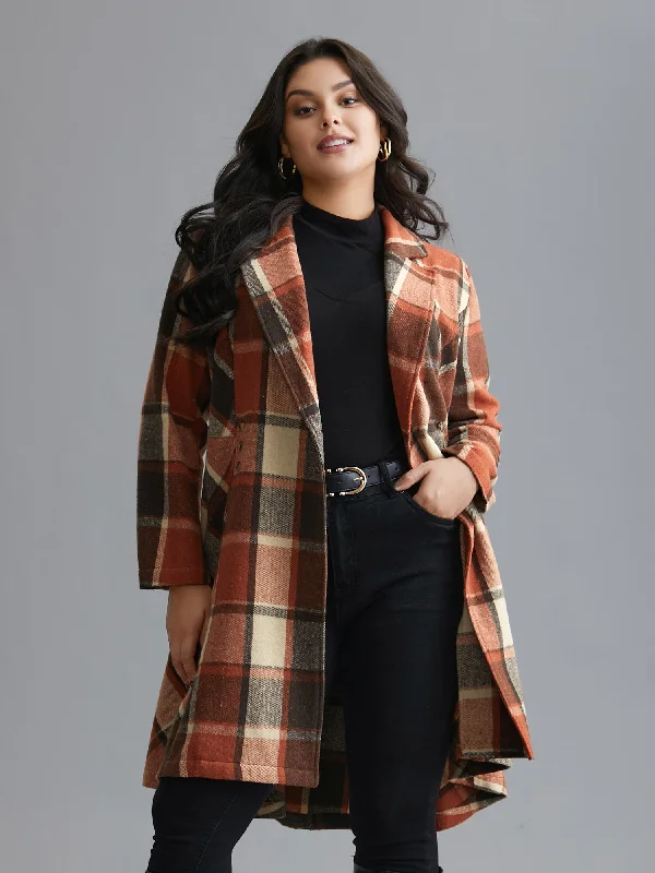 vegan women's coats (fur-free options)Plaid Lapel Collar Waist Button Coat