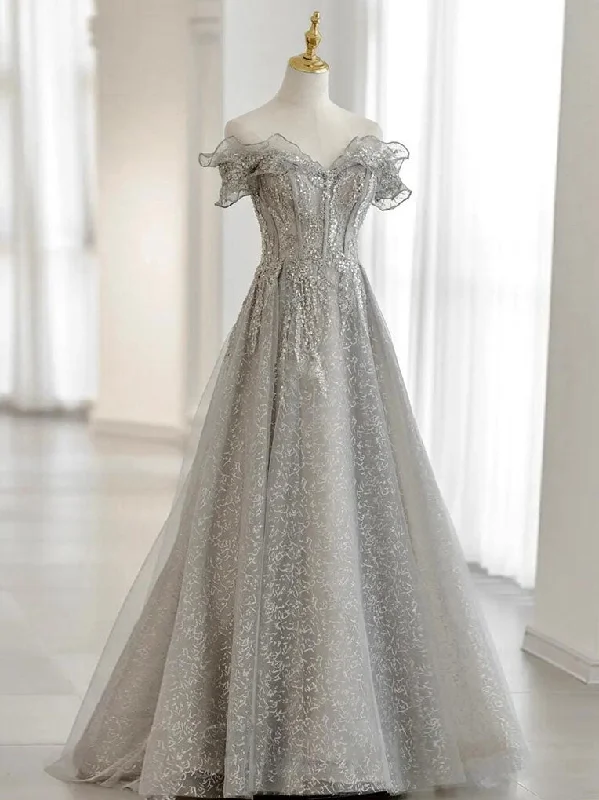 Spaghetti Strap DressGray Tulle Sequin Lace Off Shoulder Long Prom Dress, Gray Evening Dress