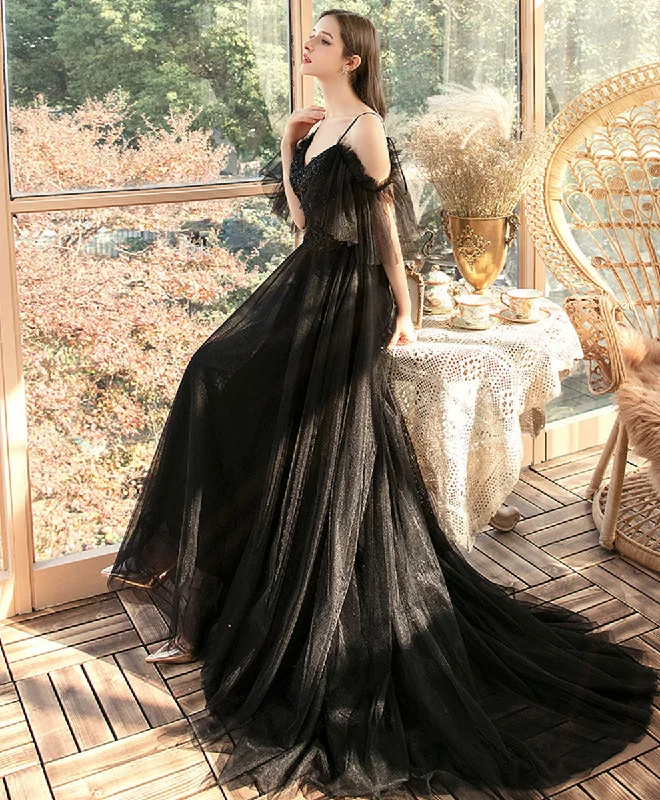 women's minimalist dressesBlack V Neck Tulle Lace Long Prom Dress Black Evening Dress